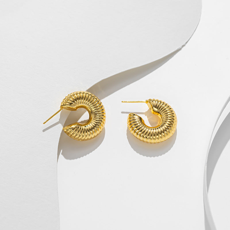 Vintage Geometric Hollow Threaded Titanium Steel Earrings for Women with Vacuum Plating Finish