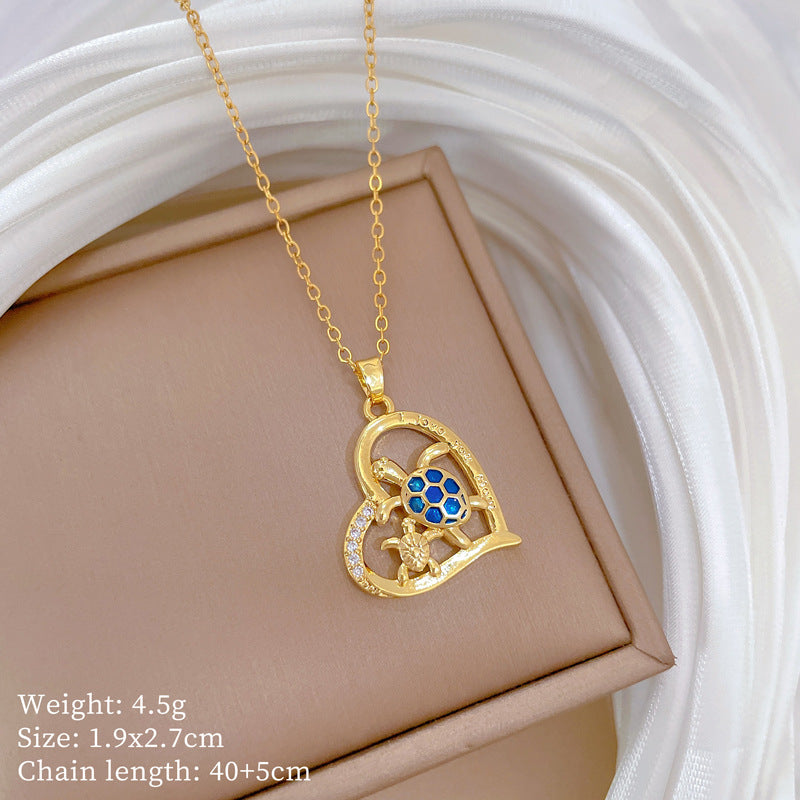 Cartoon Style Turtle Heart Pendant Necklace for Women Stainless Steel Snake Chain with Rhinestone Inlay and Geometric Design