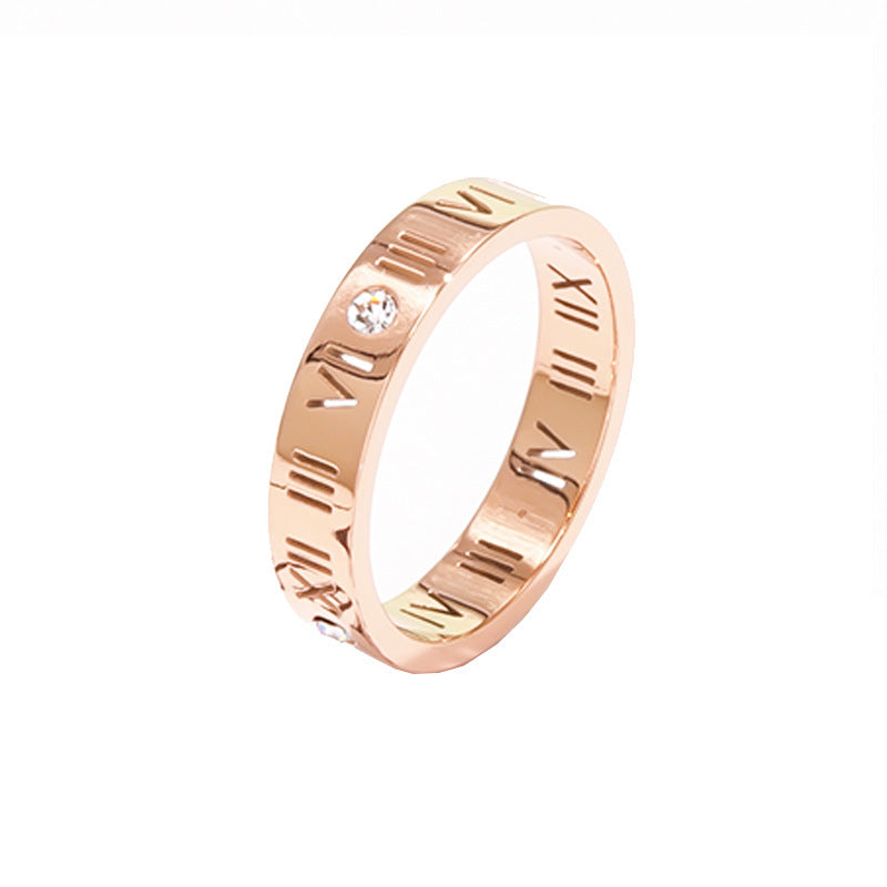 Anello con numeri romani geometrici unisex in acciaio al titanio placcato oro rosa 18 carati con intarsio in strass vintage