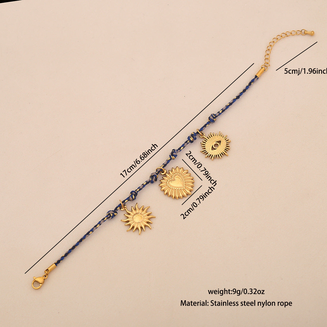 Braccialetto da donna intrecciato fatto a mano minimalista con sole, luna e stelle in acciaio inossidabile con ciondolo a cuore