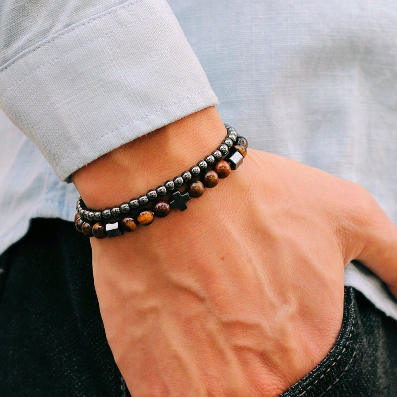 Fashion Unisex Brass Beaded Bracelet Set with Hematite Cross, Natural Lava Stone and Tiger Eye Geometric Charms