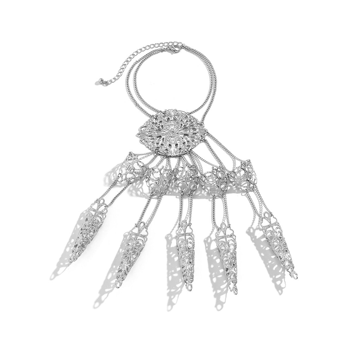 Gothic Style Geometric Pendant Finger Bracelet with Tassel and Chain Detail for Women