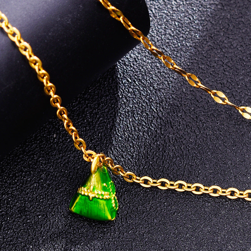 Original Design Green Mini Zongzi Pendant Necklace for Women in Titanium Steel with Snake Chain Minimalist Locket Style