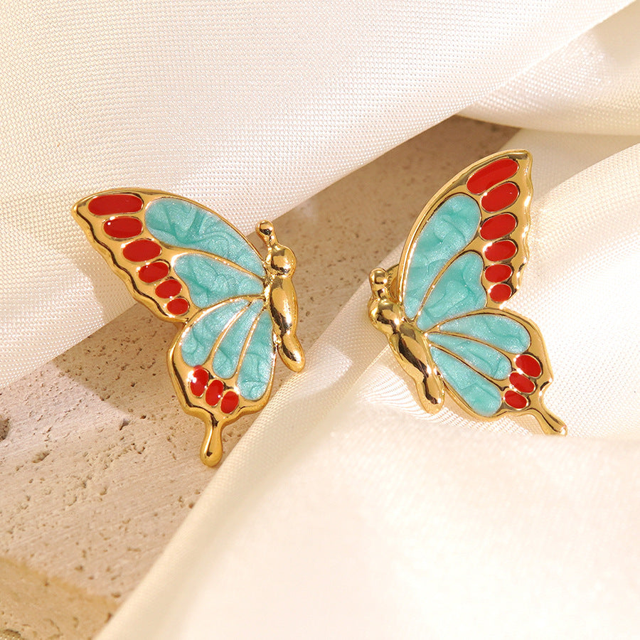 Sweet Minimalist Butterfly Drip Oil Stainless Steel Earrings for Women