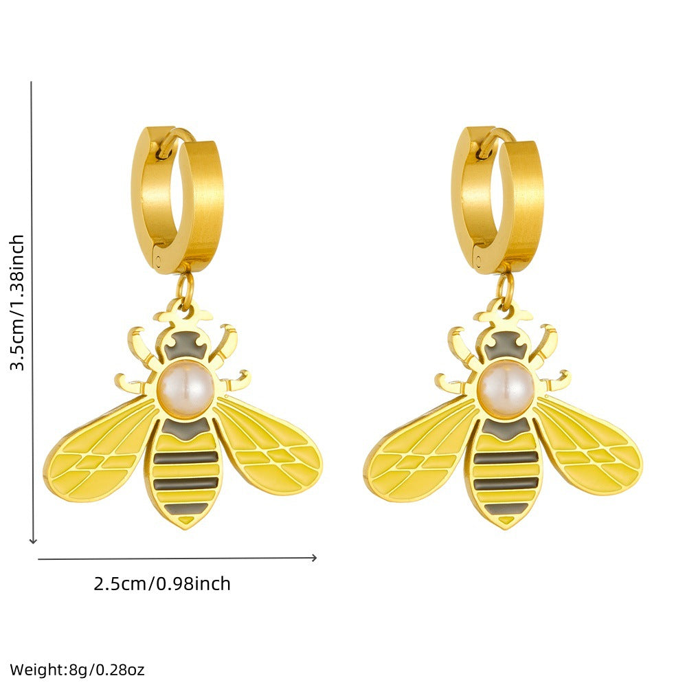 Fashion Elegant Round Stainless Steel Gold Plated Drip Oil Bee Insect Hoop Earrings with Imitation Pearl