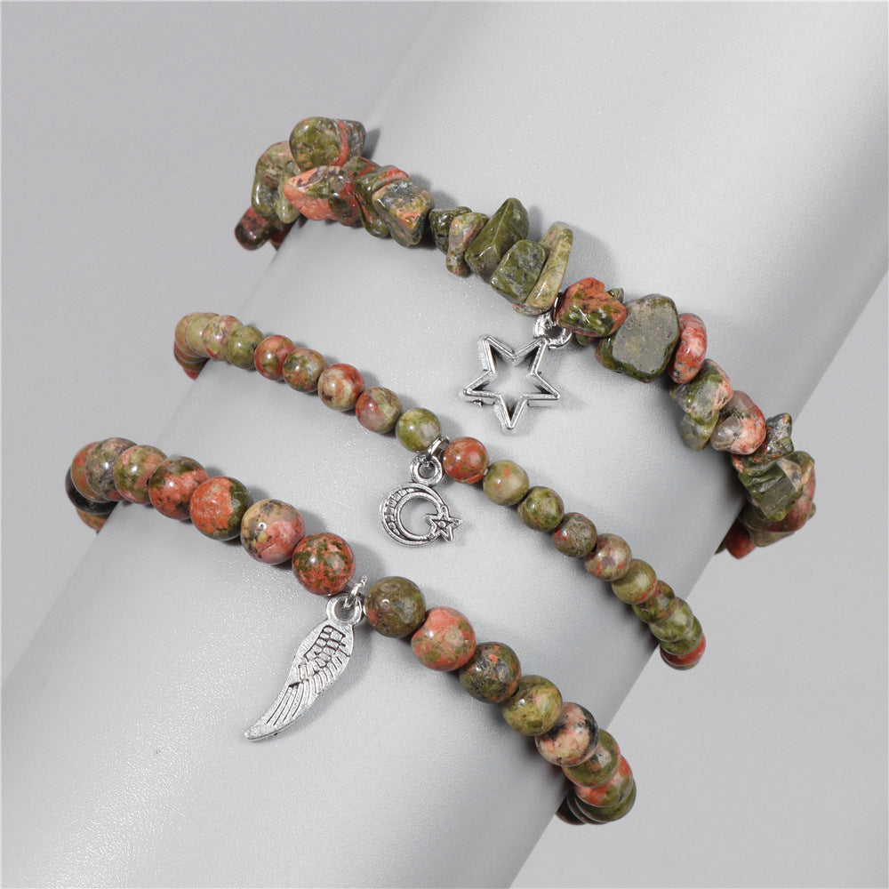 Vintage Amethyst Crystal Chip Beads Bracelet with Star Moon Pendant Geometric Irregular Stone Elastic Multi-Layer Bracelet for Women