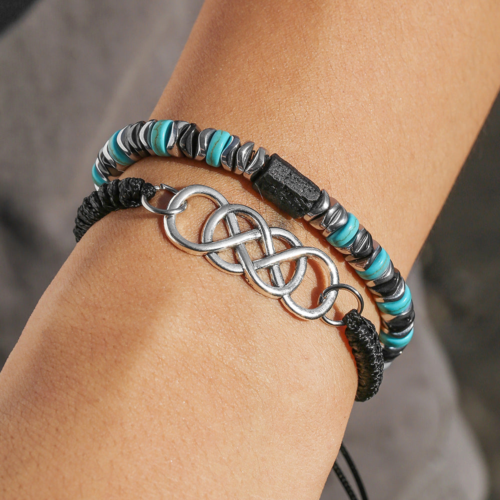 Geometric Round Alloy Turquoise Inlay Stretch Woven Bracelet Set
