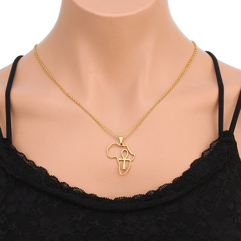 Collana con ciondolo a croce geometrico a mappa africana in acciaio inossidabile con ciondolo in acciaio al titanio e finitura galvanizzata