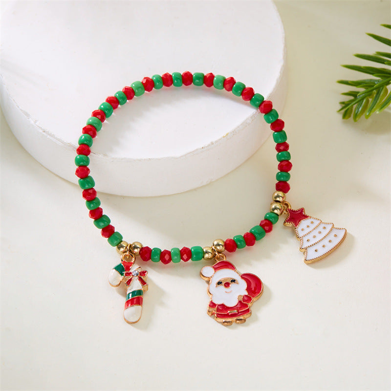 Bracciale natalizio alla moda da donna con ciondoli a forma di Babbo Natale e pupazzo di neve, design con perline, finitura galvanizzata, accessorio a tema festivo