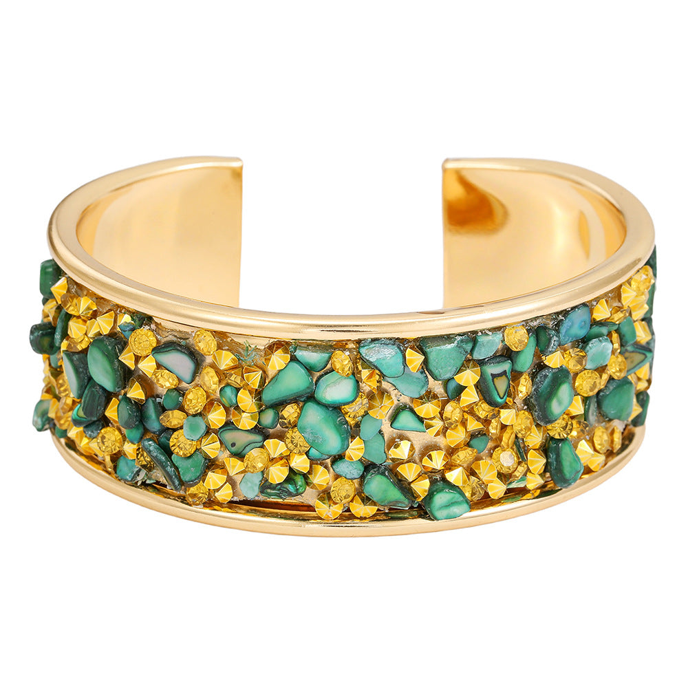 Exaggerated Geometric Round Rhinestone Inlay Plated Alloy Open Cuff Bracelet