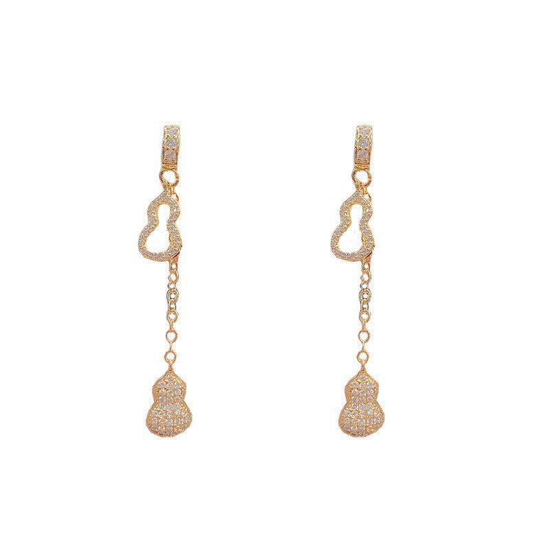 Elegant 925 Sterling Silver Post Micro-Inlaid Cubic Zirconia Gourd Tassel Drop Earrings for Women