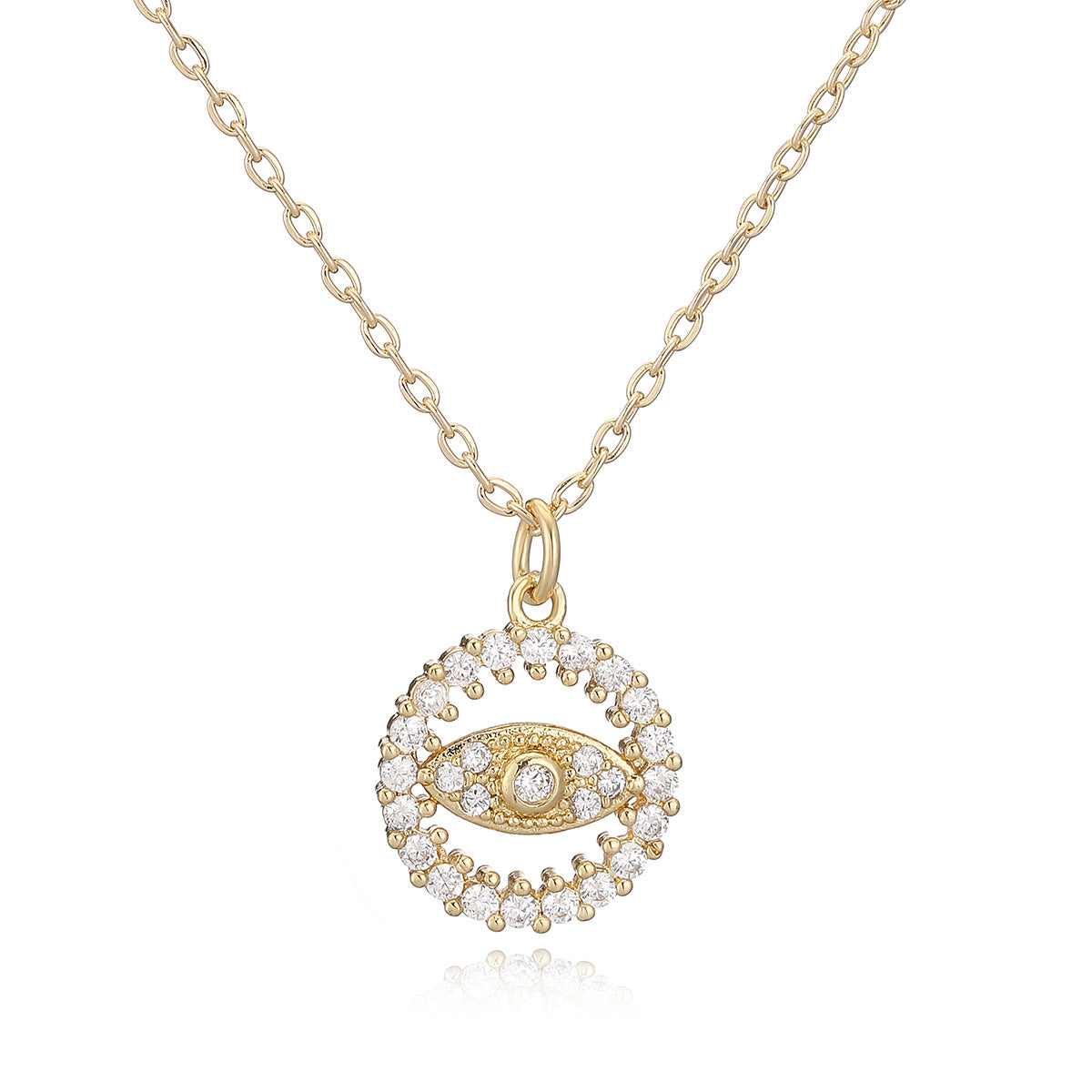 Minimalist Geometric Evil Eye Cubic Zirconia Gold Plated Brass Pendant Necklace