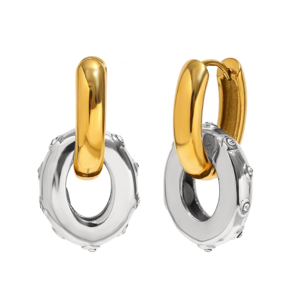 Minimalist Geometric Stainless Steel Earrings with 18K Gold Plating and Oval Zircon Pendant for Women