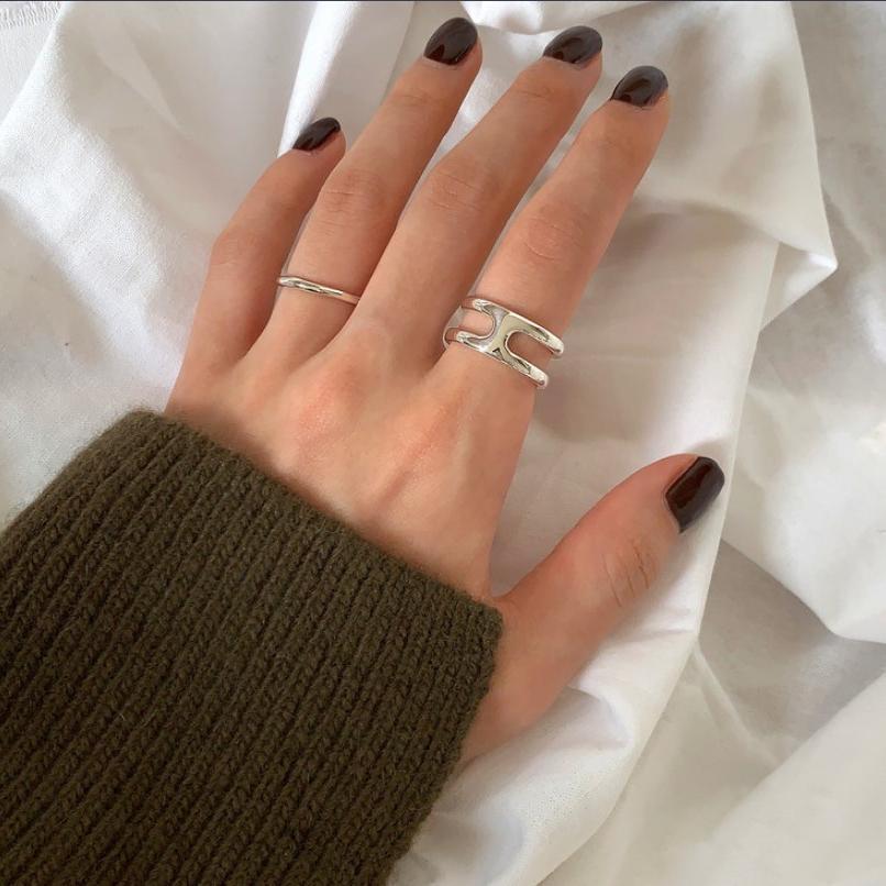 Vintage Geometric Double-Layer H-Shaped Polished 925 Sterling Silver Ring