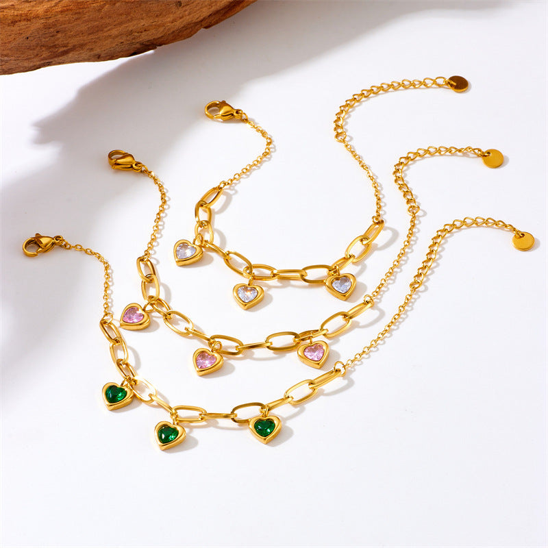 Vintage-Style Heart-Shaped Gold-Plated Titanium Steel Bracelet with Colorful Gemstone Accent