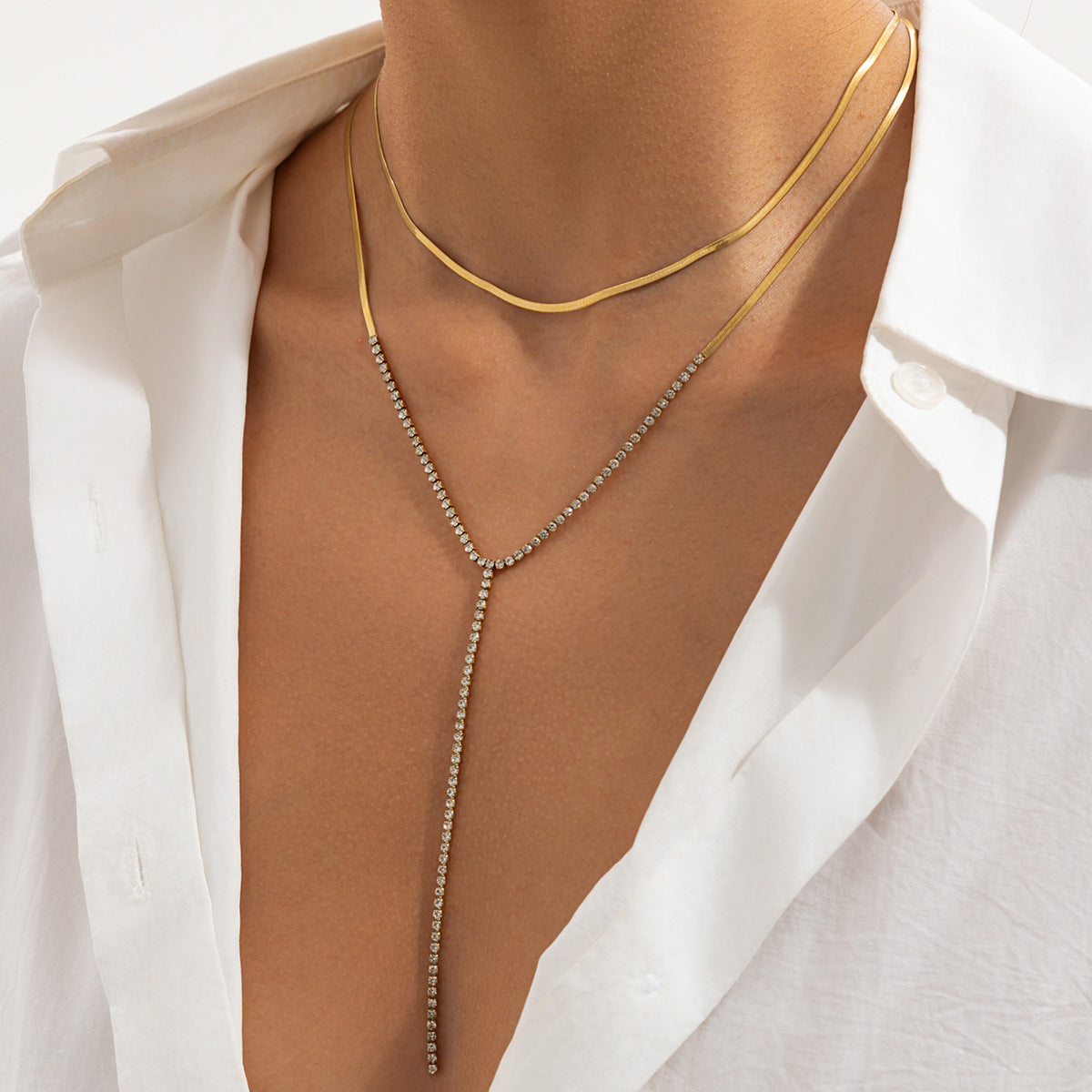 Minimalist Luxury Square Rhinestone Glass Pendant Stainless Steel PVD Plated Layered Necklace for Women