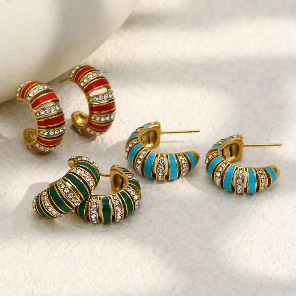 Minimalist Geometric Stainless Steel 18K Gold Plated Hollow C-Shaped Rhinestone Accent Enamel Drop Earrings for Women