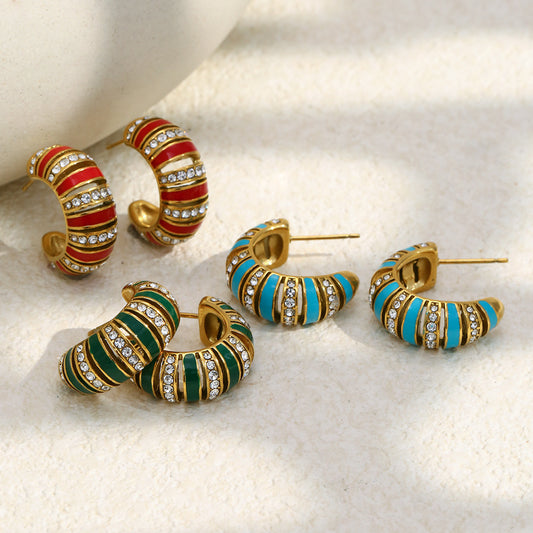 Pendientes colgantes geométricos minimalistas de acero inoxidable chapados en oro de 18 quilates con forma de C hueca, detalle de diamantes de imitación y esmalte para mujer