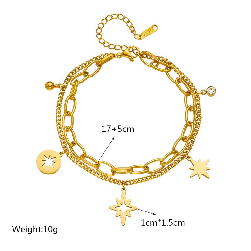 Bracciale da donna in acciaio al titanio a doppio strato con esagramma cavo in stile vintage e strass