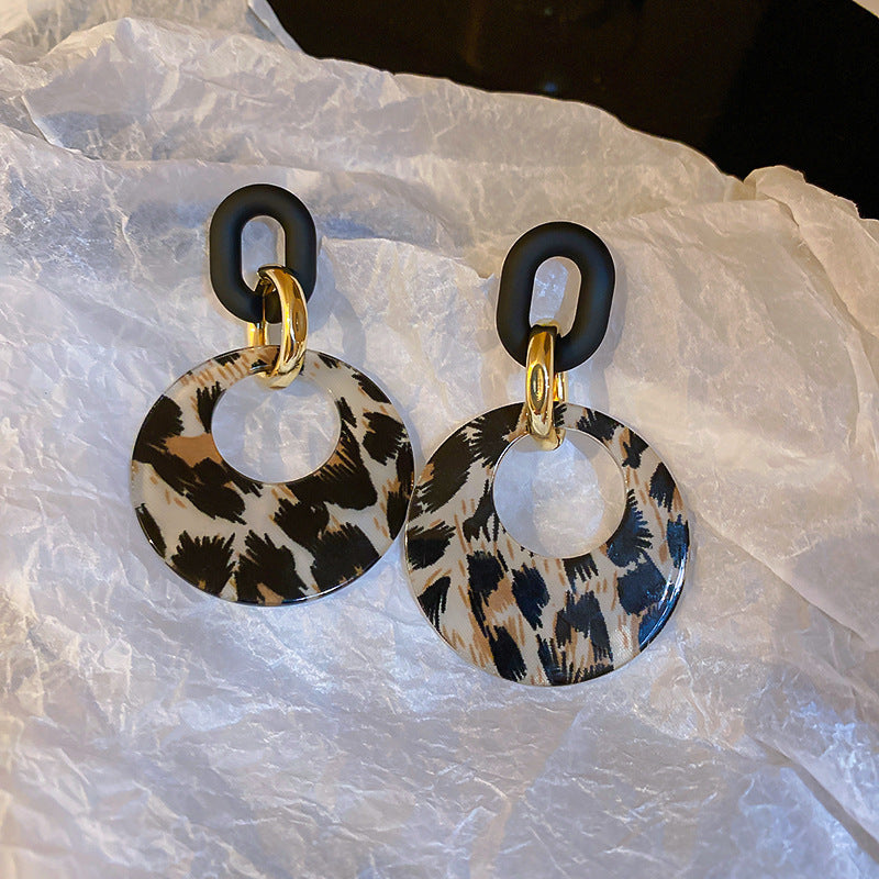Vintage-Style Geometric Round Hoop Earrings for Women with Alloy Base Plated in Silver Tone Enamel Leopard Print and Rhinestone Inlay