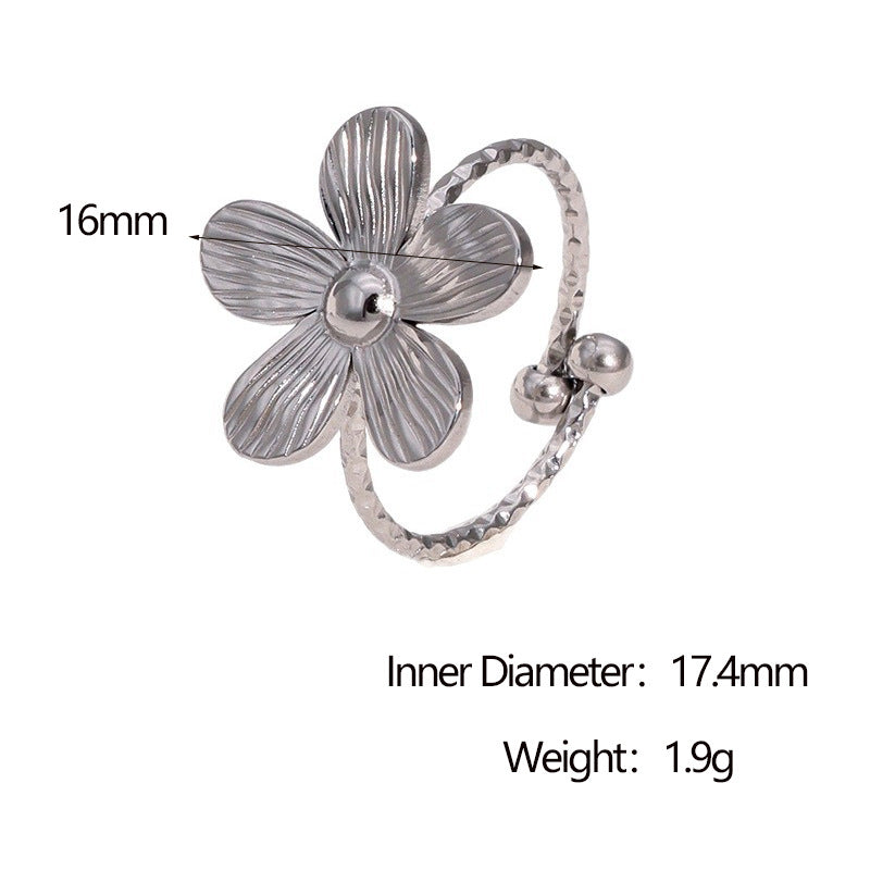 Anello Aperto da Donna Minimalista in Stile Francese con Fiori in Acciaio Inox Placcato Oro 18K