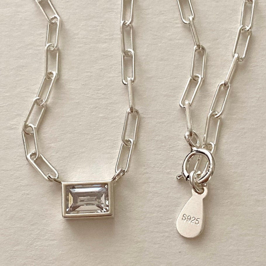 Minimalist Geometric Square Pendant Necklace for Women in 925 Sterling Silver with White Rhinestones