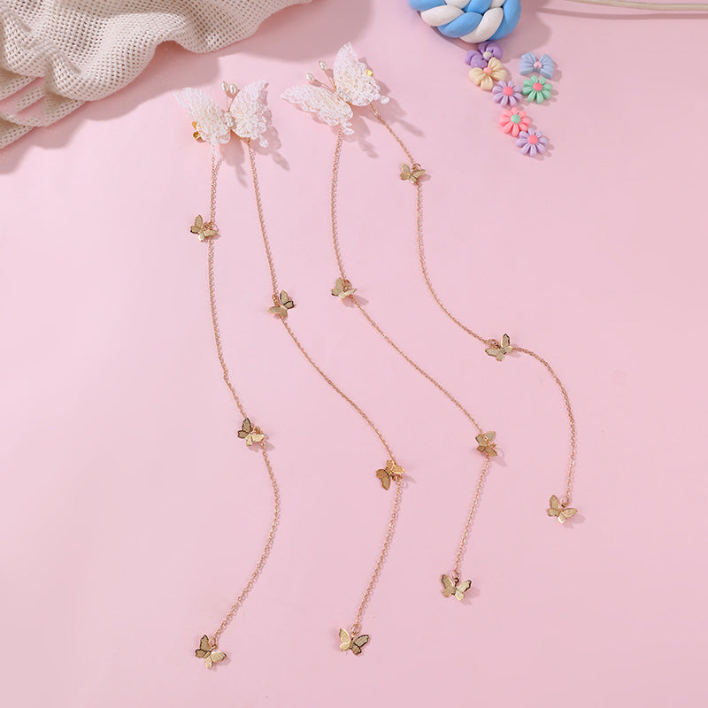 Natural Style Butterfly Bow Hair Clip for Girls with Metal Chain and Long Tassel, Resin Plastic Hair Accessory for Children Ages 3 to 10