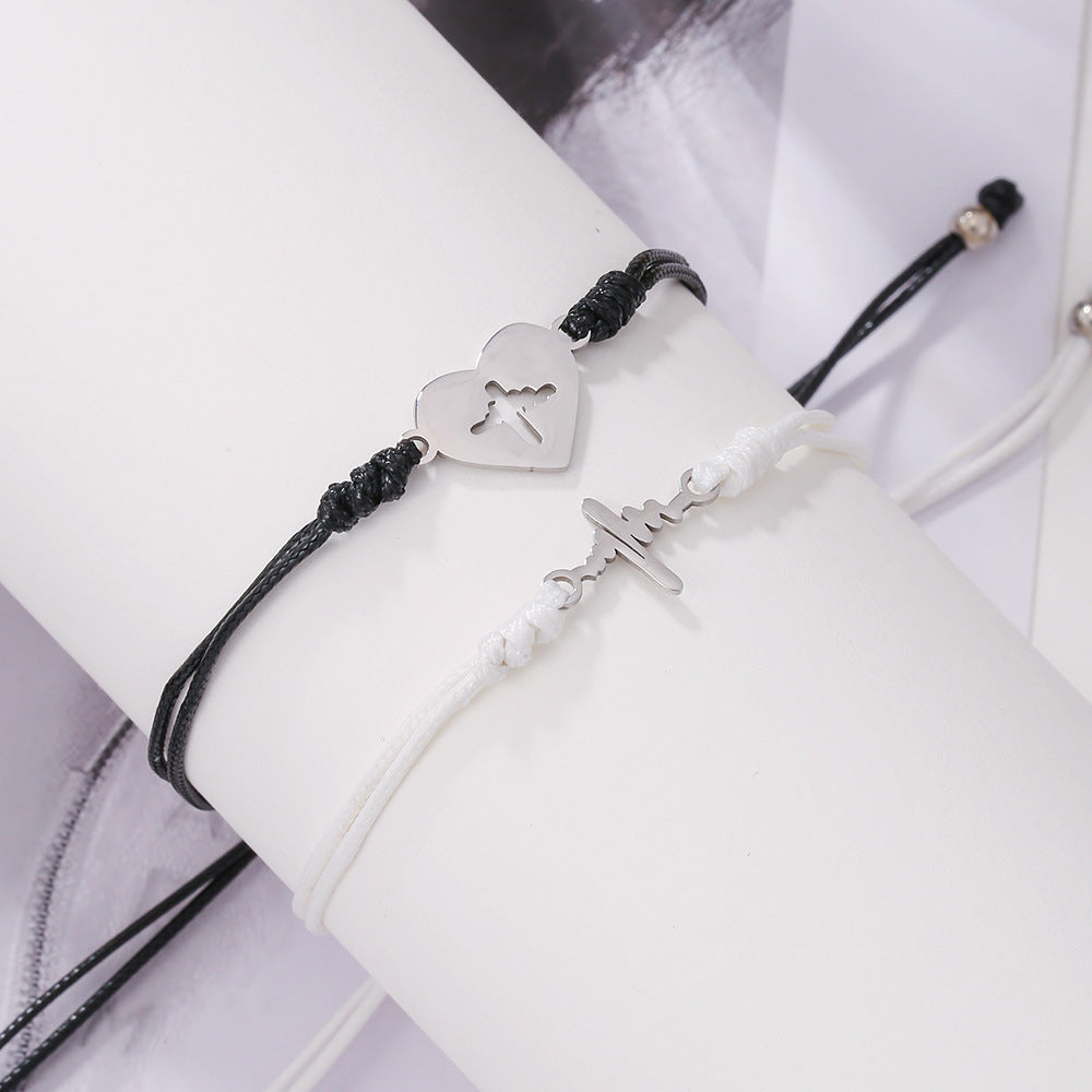 Minimalist Hollow Heart-Shaped Stainless Steel Bracelet with Black and White Braided Wax Cord for Mother's Day
