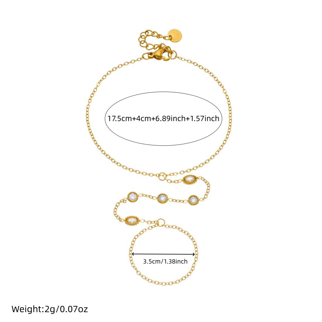 Minimalist Geometric Round Oval Rhinestone Inlay Plated Stainless Steel Hand Chain