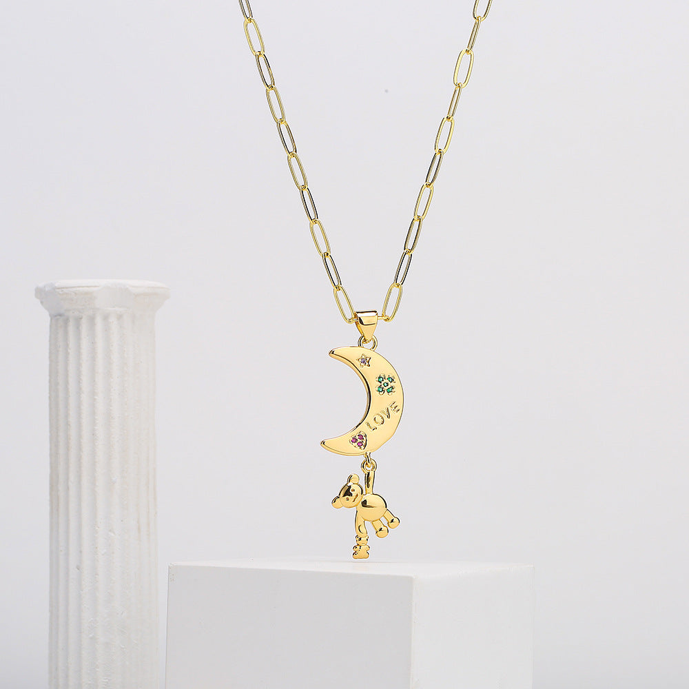 Collana con ciondolo orso luna minimalista da donna con base in rame placcata in oro vero e intarsio in zirconi