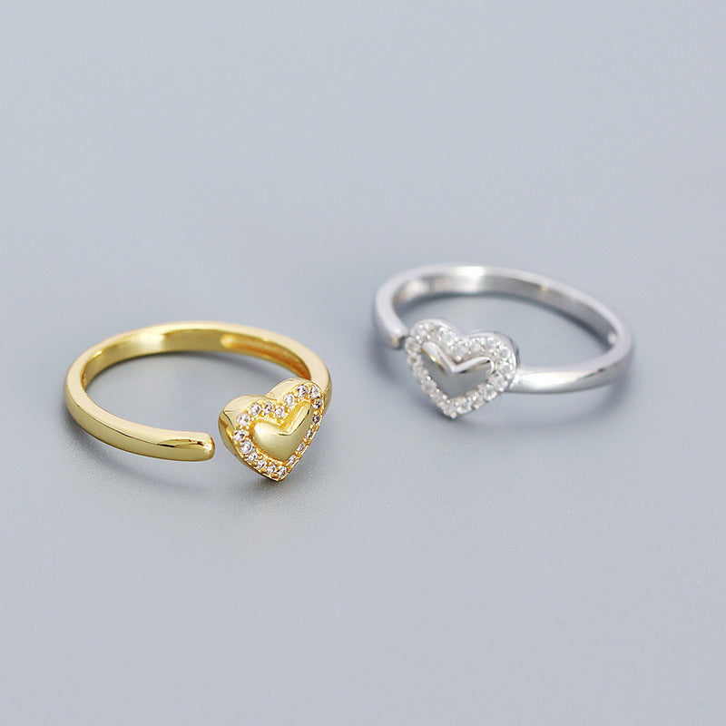 Sweet Heart-Shaped S925 Sterling Silver Adjustable Ring with Rhinestone Inlay for Women