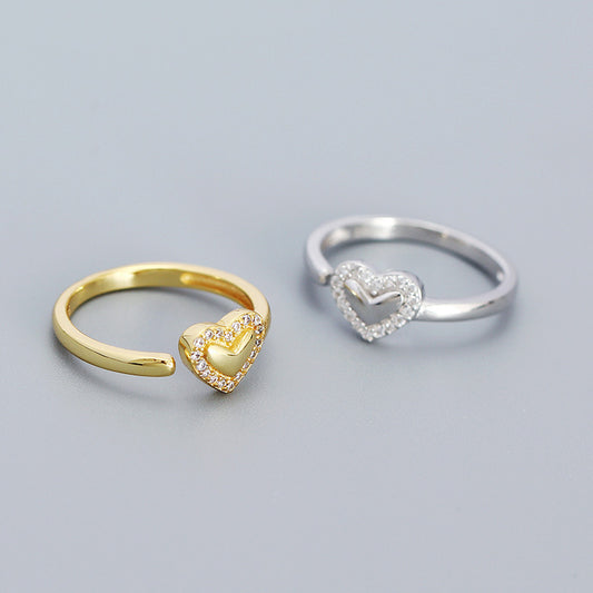 Anillo ajustable de plata de ley 925 en forma de corazón con incrustaciones de diamantes de imitación para mujer
