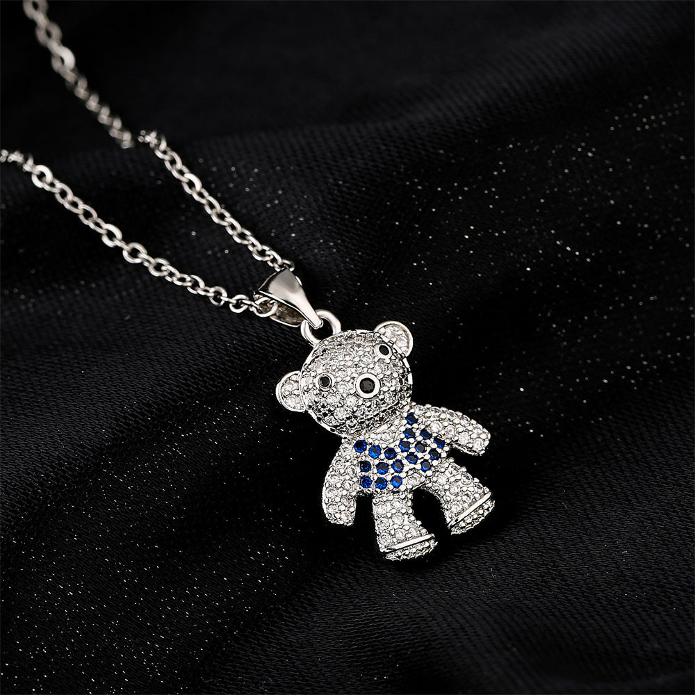Collana con ciondolo a forma di orsetto per donna in rame con intarsio di zirconi, catena a O, design geometrico