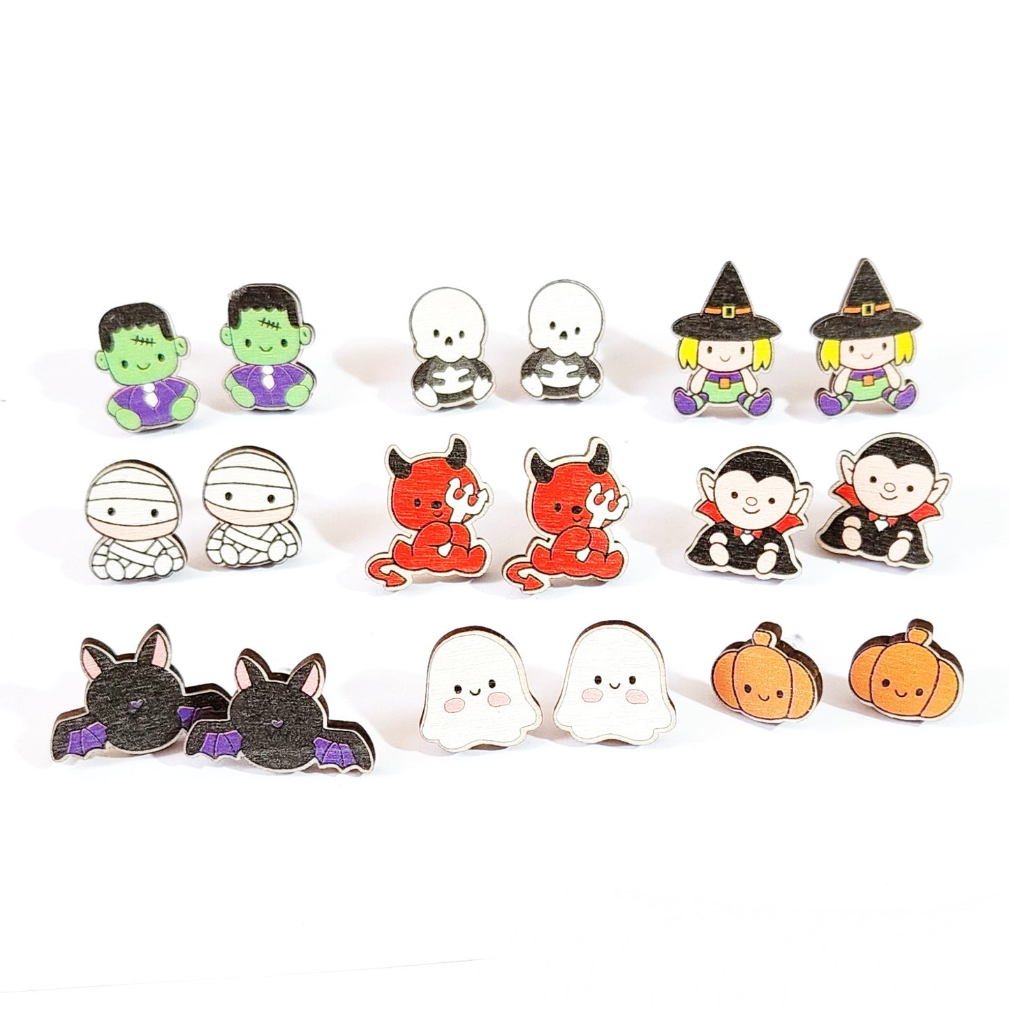 Pendientes de Madera de Halloween Dulces y Atrevidos con Motivos de Murciélago, Sombrero de Bruja, Ataúd, Calabaza y Fantasma