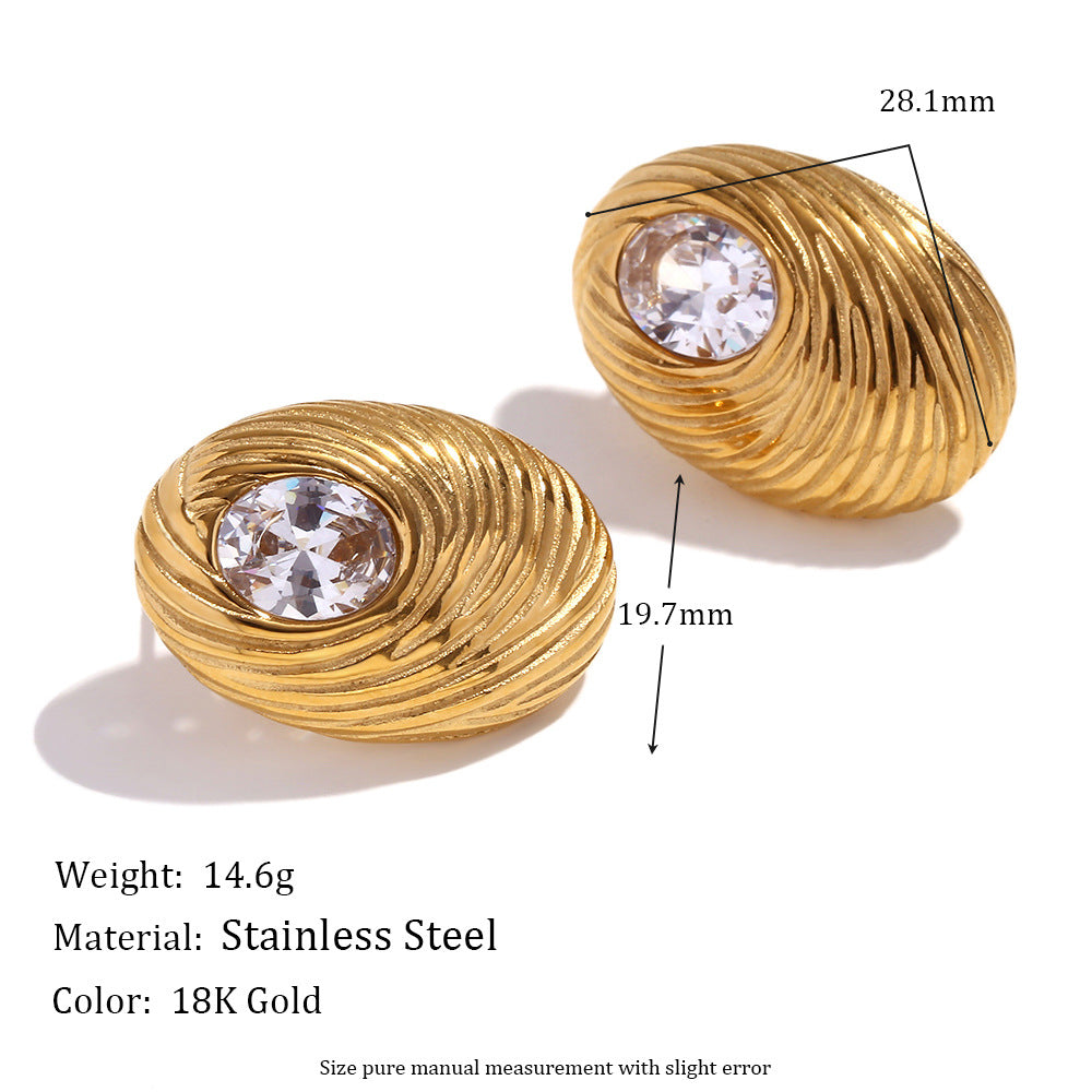 Fashionable OL Style Floral Petal Shaped Stainless Steel 18K Gold Plated Dangle Earrings with Cubic Zirconia and Enamel Finish