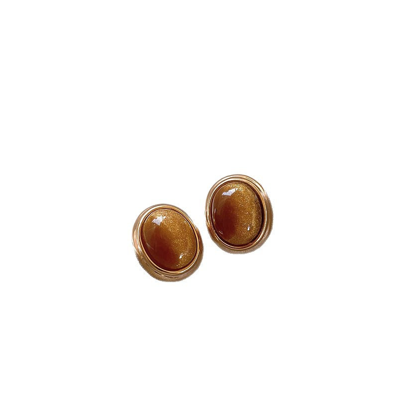Pendientes de tuerca ovalados de ojo de tigre estilo Maillard vintage con postes de plata 925 bañados en oro de 18 quilates