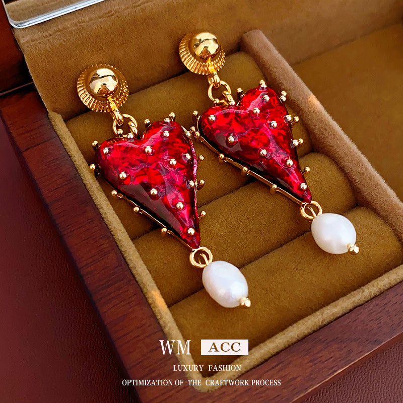 Elegant Geometric Dangle Stud Earrings for Women with Red Tassels, Alloy Base and Gold Plated Finish