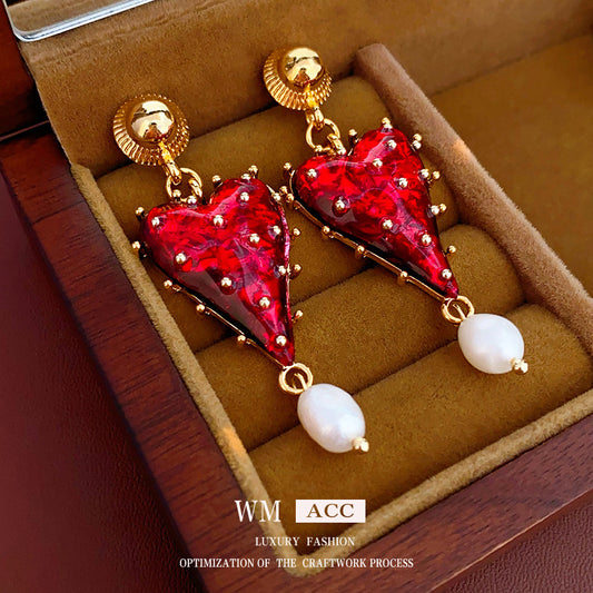 Elegant Geometric Dangle Stud Earrings for Women with Red Tassels, Alloy Base and Gold Plated Finish