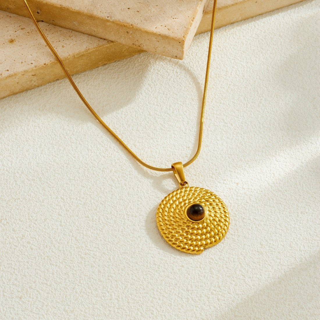 French Vintage Geometric Round Faux Tiger Eye Inlay Plated Stainless Steel Pendant Necklace with Snake Chain