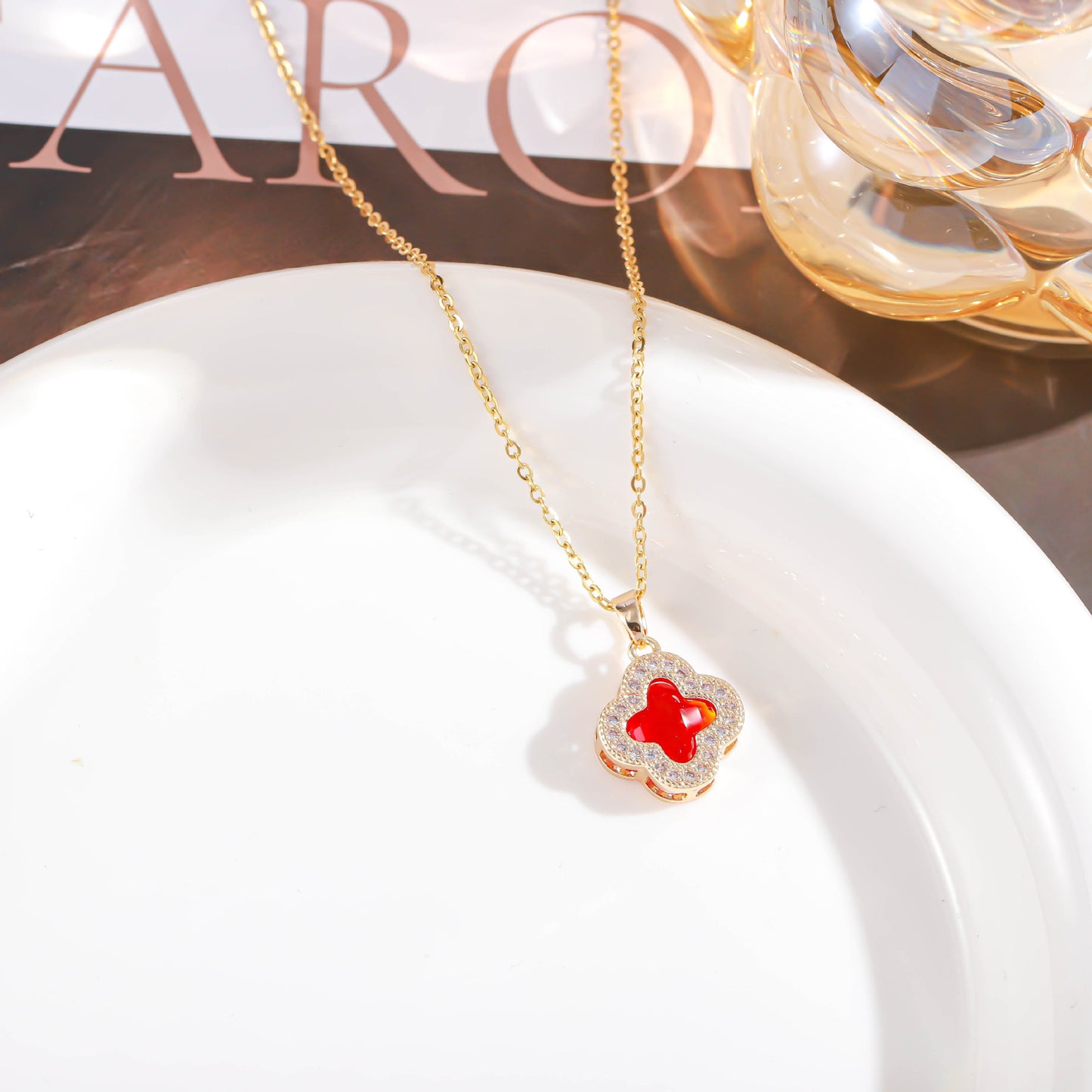 Sweet Elegant Floral Titanium Steel Inlay Rhinestone Pendant Necklace for Women