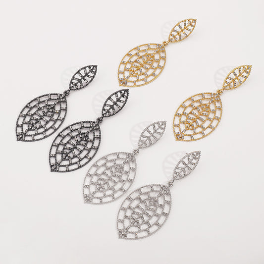Pendientes elegantes de aleación con forma de hoja, incrustaciones de pedrería, acabado galvanizado, diseño geométrico, joyería de lujo ligera y moderna para mujer