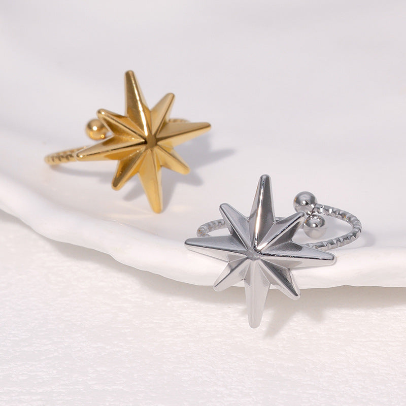 Anello Minimalista con Stella a Otto Punte in Acciaio Inossidabile da Donna con Finitura Placcata e Fascia Aperta Regolabile