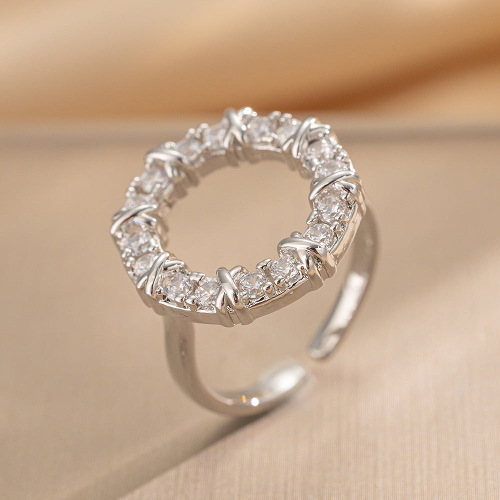 Luxury Minimalist Adjustable Open Ring for Women with Gold-Plated Copper Band and Zircon Stone Accent in Heart and Floral Shape