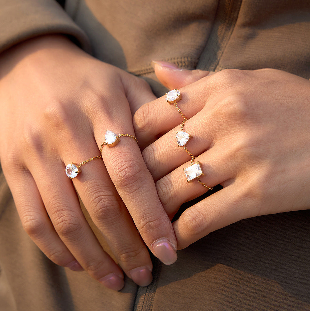 Minimalist Geometric Square Stainless Steel Ring with Cubic Zirconia PVD Gold Plated for Women