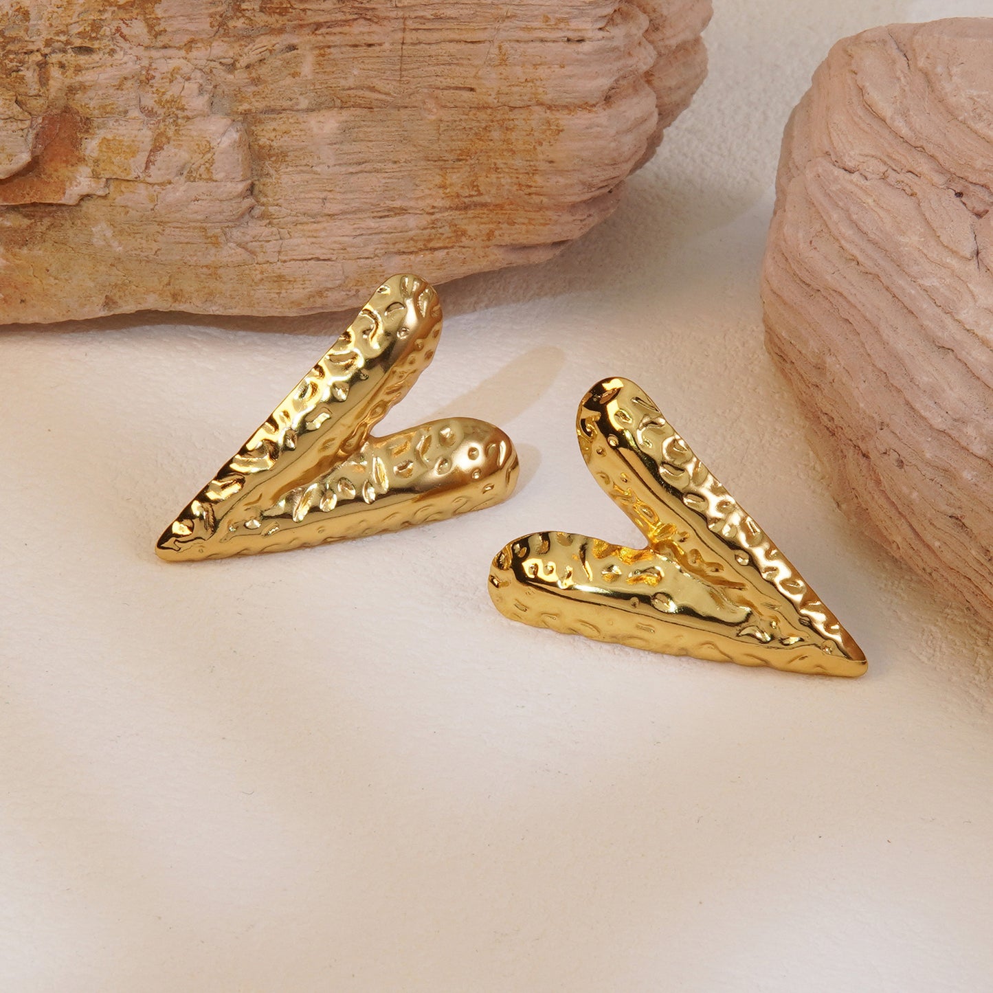 18K Gold Plated Stainless Steel Hammered V-Shape Heart Earrings