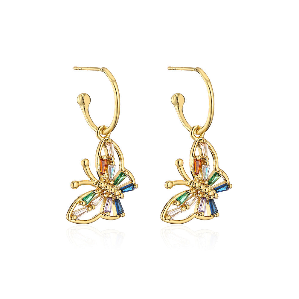Eleganti Orecchini a Farfalla in Rame Stile Francese con Placcatura in Oro 18K e Intarsio di Zirconi da Donna
