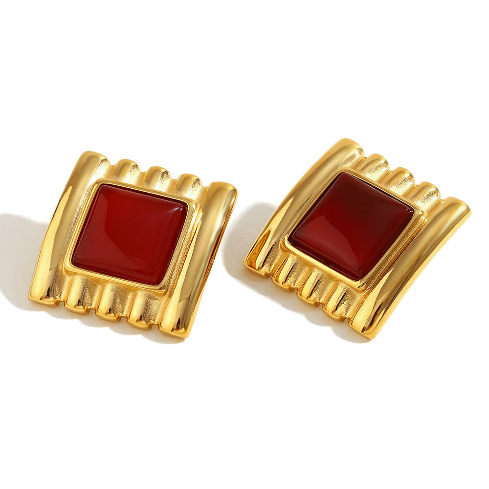 Orecchini alla moda in acciaio inossidabile con design geometrico vintage, placcatura in oro 18 carati e dettagli in rubino
