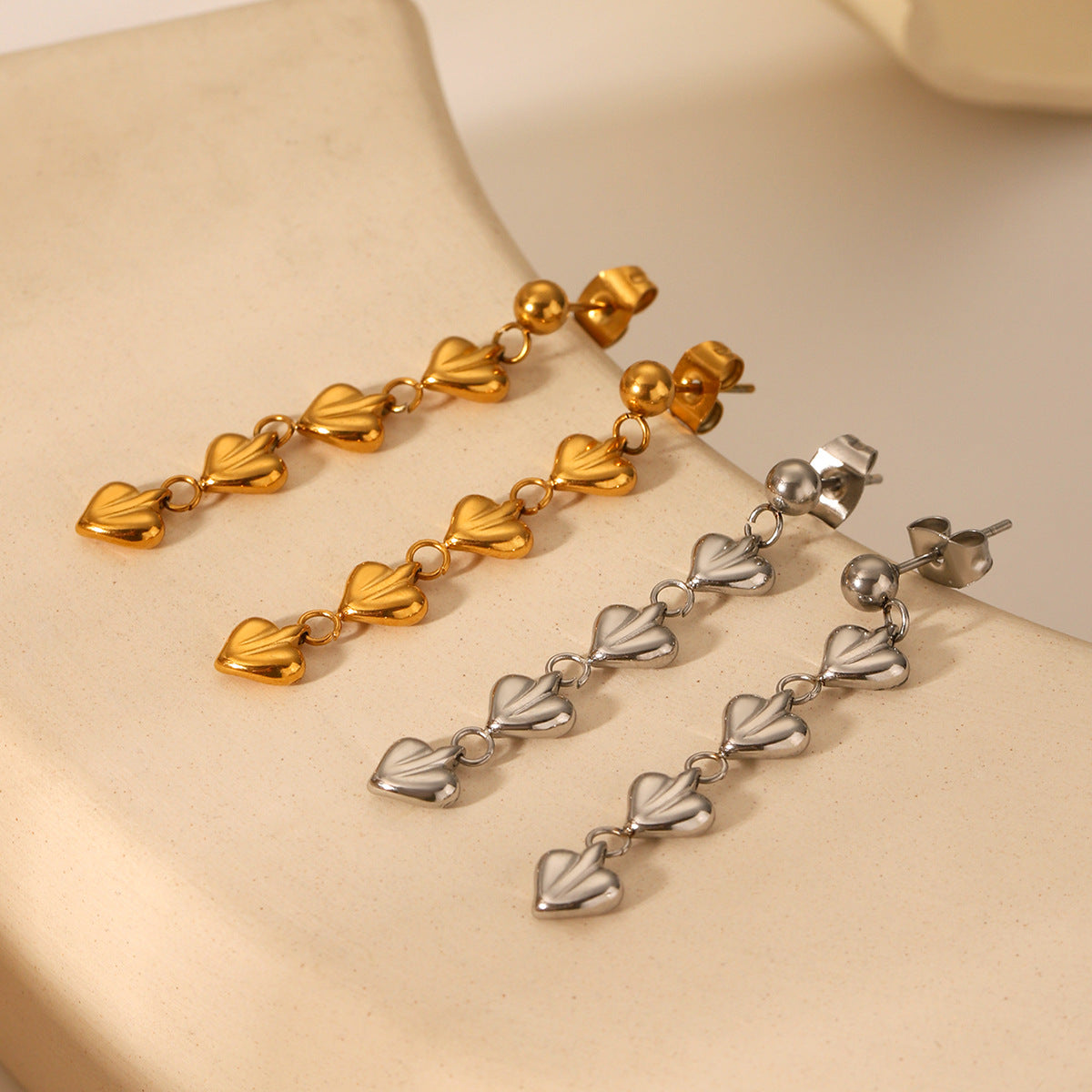 Minimalist Heart-Shaped Stainless Steel Dangle Earrings with Tassel Detail for Women