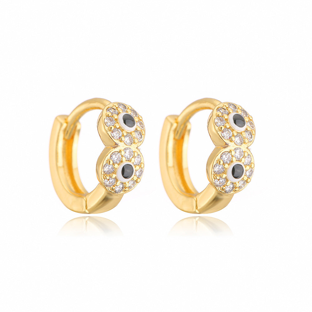Orecchini Minimalisti Geometrici in Rame con Placcatura in Oro 18K e Dettaglio a Occhio Smaltato con Intarsio di Zirconi