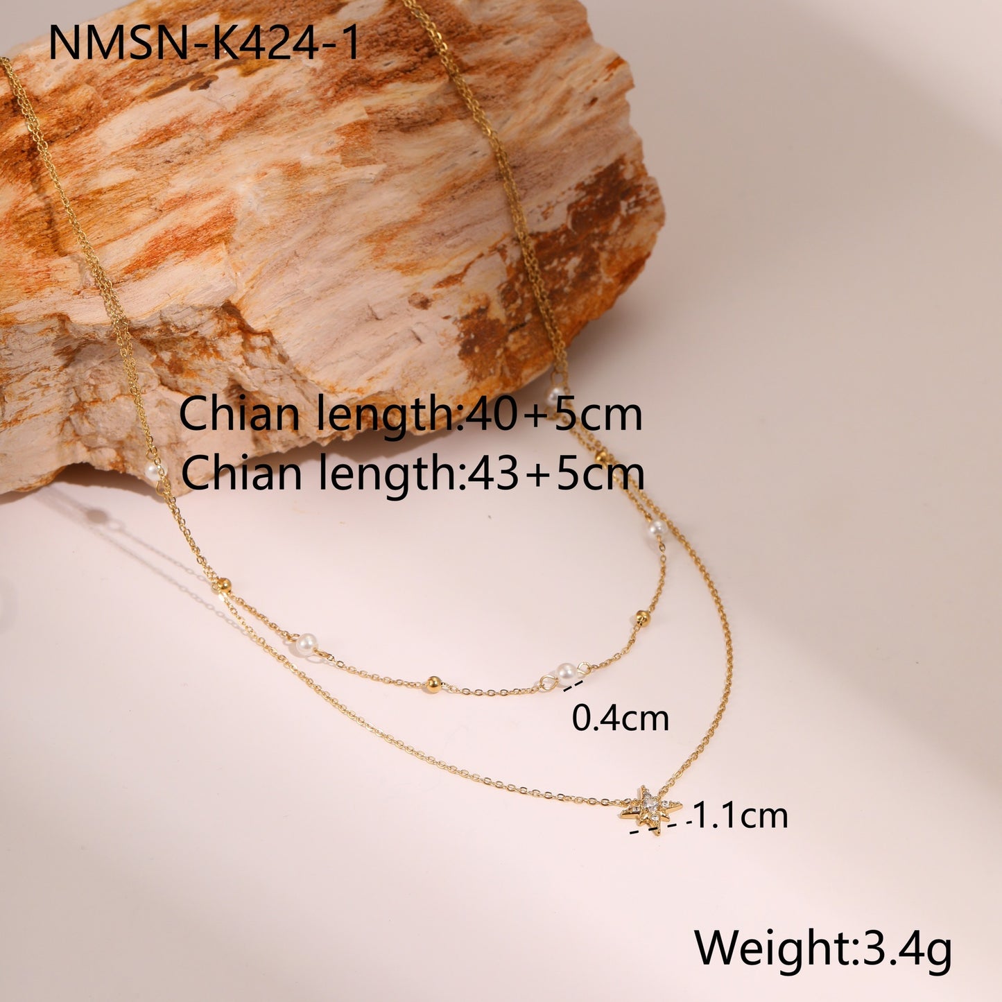 Fashionable Geometric Double-Layer Six-Pointed Star Pendant Necklace in Stainless Steel with Rhinestone Inlay and 18K Gold Plating for Women